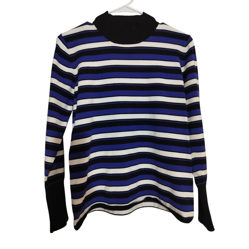 TAHARI Women's Stripes Mock Neck Blue White Sweatshirt Top Long Sleeve Size L - Picture 2 of 12